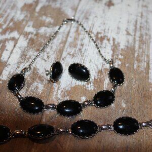 Vintage 1970-80s 3 Piece Set of Earrings Brcelet and Necklace silver and Black